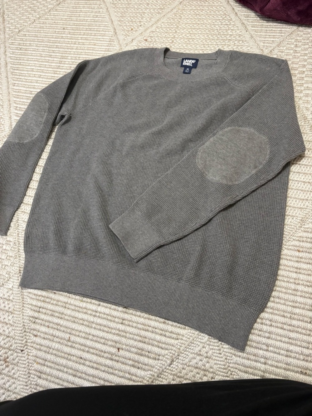 Lands’ End Men’s Waffle Knit Sweater Grey Elbow Patch Thermal Crewneck